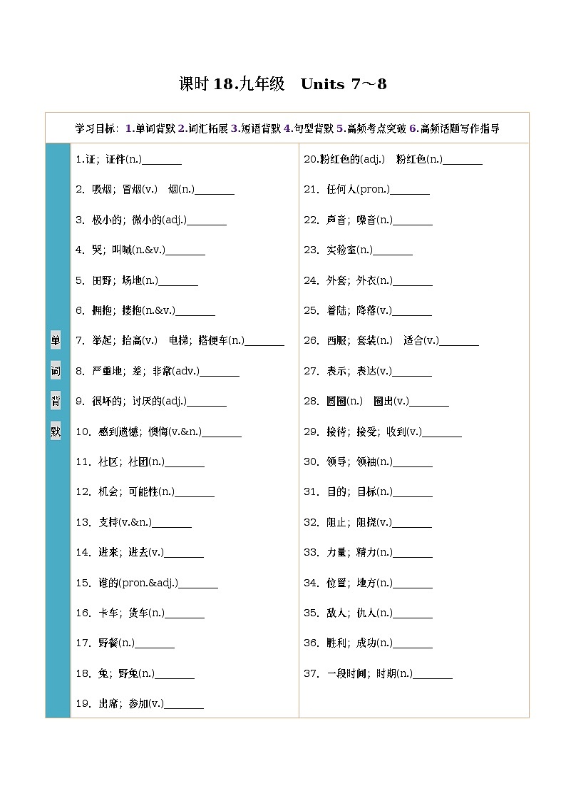 人教新目标初中英语课时18 九年级全册　Units 7～8-2023中考英语一轮总复习（人教新目标版） 试卷01