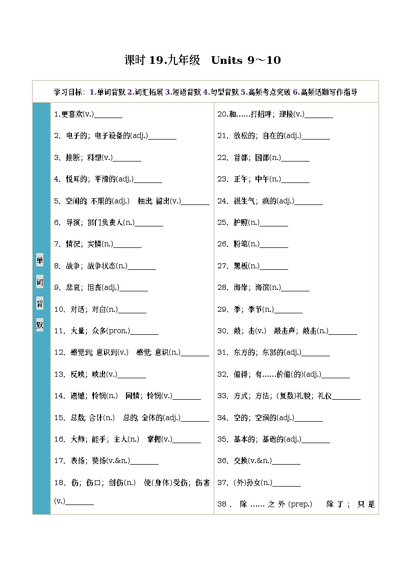 人教新目标初中英语课时19 九年级全册　Units 9～10-2023中考英语一轮总复习（人教新目标版） 试卷01