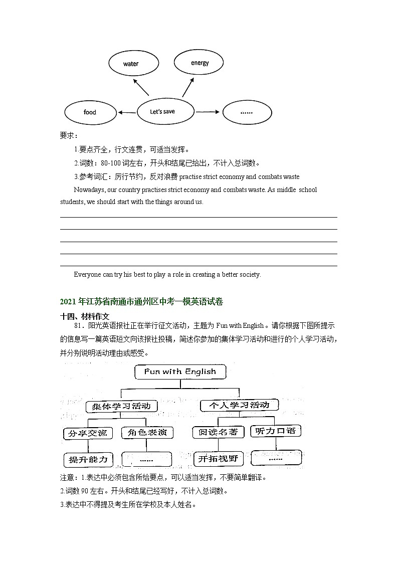 江苏省南通市通州区2021-2023年中考英语一模试题分类汇编：书面表达+第2页