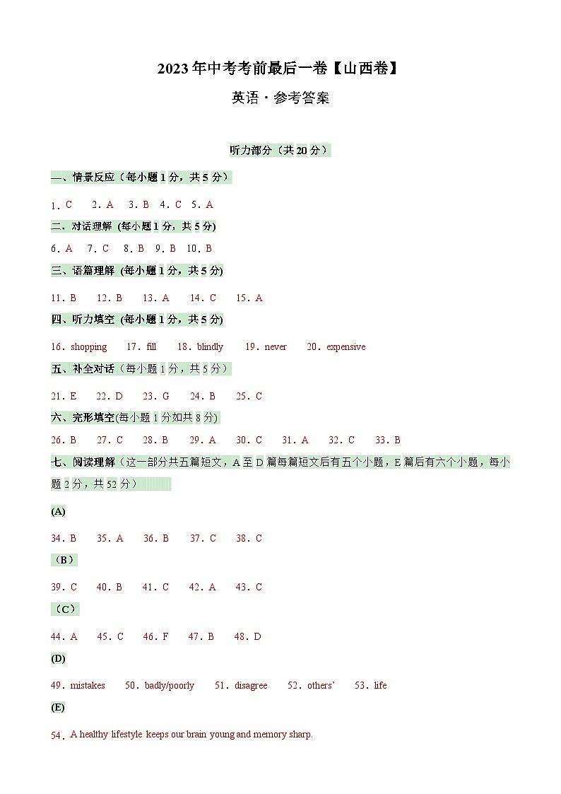 英语（山西卷）-【试题猜想】2023年中考考前最后一卷（参考答案）第1页