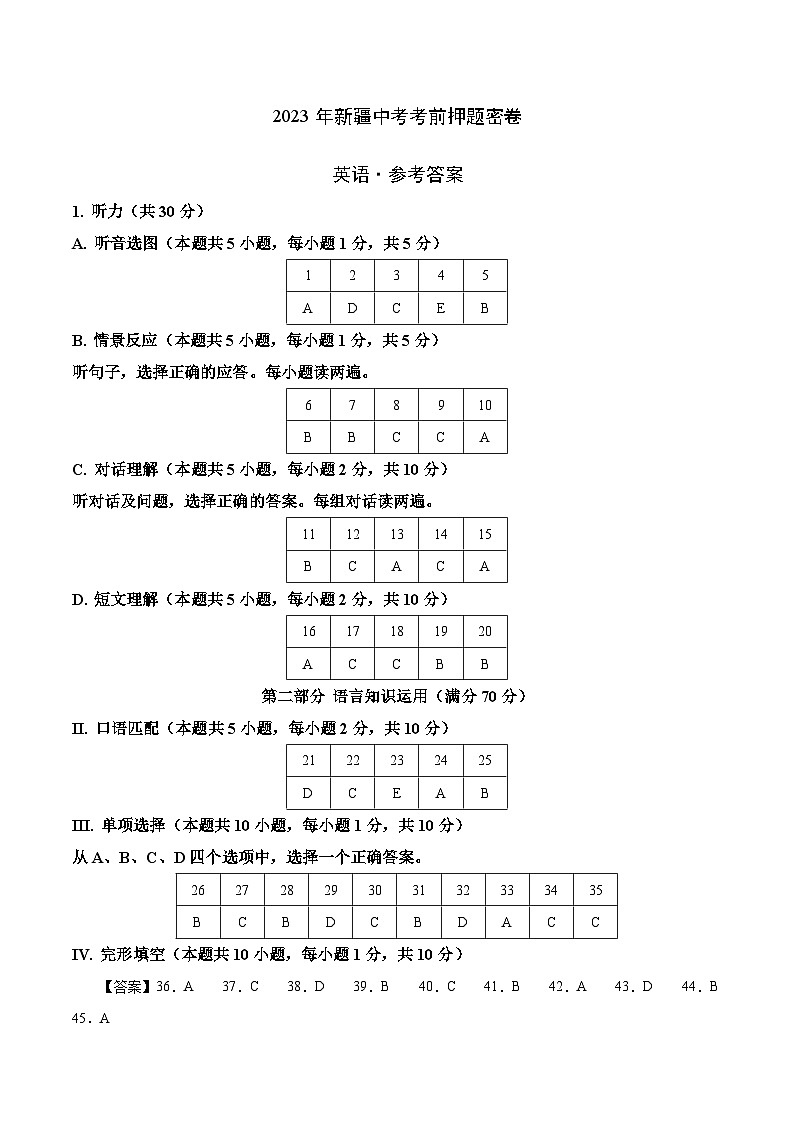 英语（新疆卷）-学易金卷：2023年中考考前押题密卷（含考试版、全解全析、参考答案、答题卡、听力音频）01