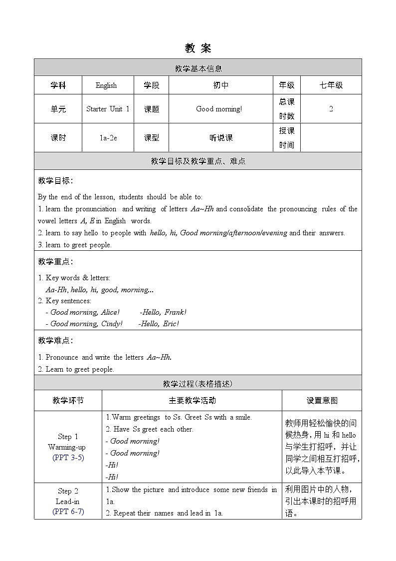 人教版七上英语  Starter Unit 1 1a-2e  课件+教案01