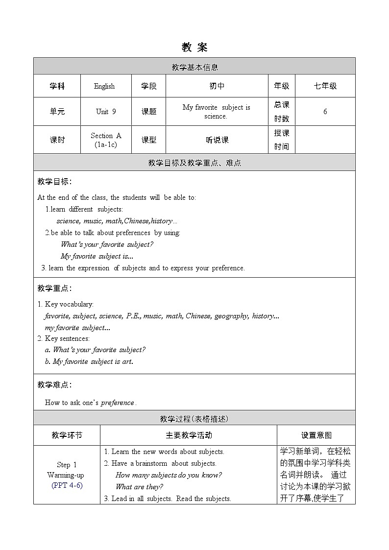 人教版七上英语  Unit 9 Section A 1a-1c  课件+教案01
