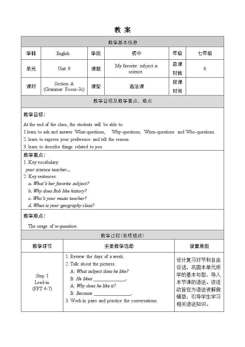 人教版七上英语  Unit 9 Section A Grammar Focus-3c  课件+教案01