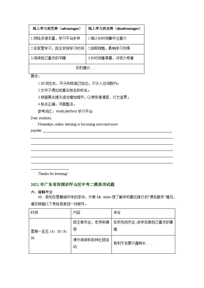广东省深圳市坪山区2021-2023年中考二模英语试卷分类汇编：书面表达02
