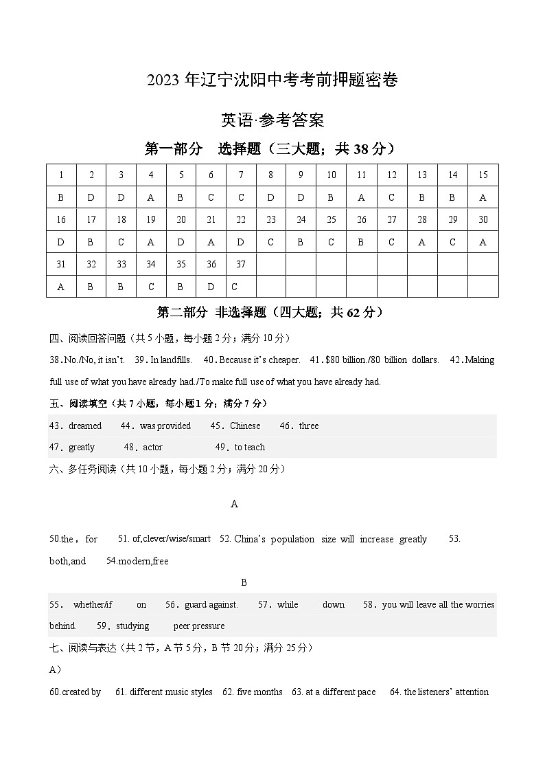 英语（辽宁沈阳卷）（参考答案）第1页