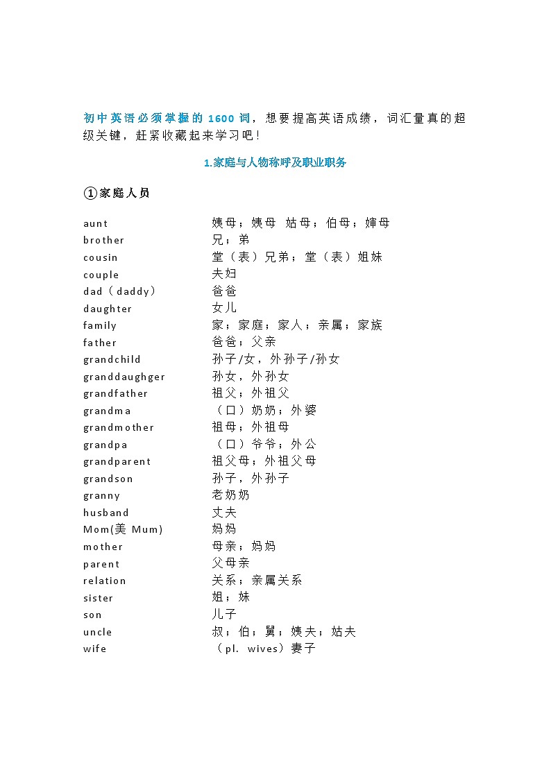 初中英语1600词分类速记表（中考前建议每天背诵）01