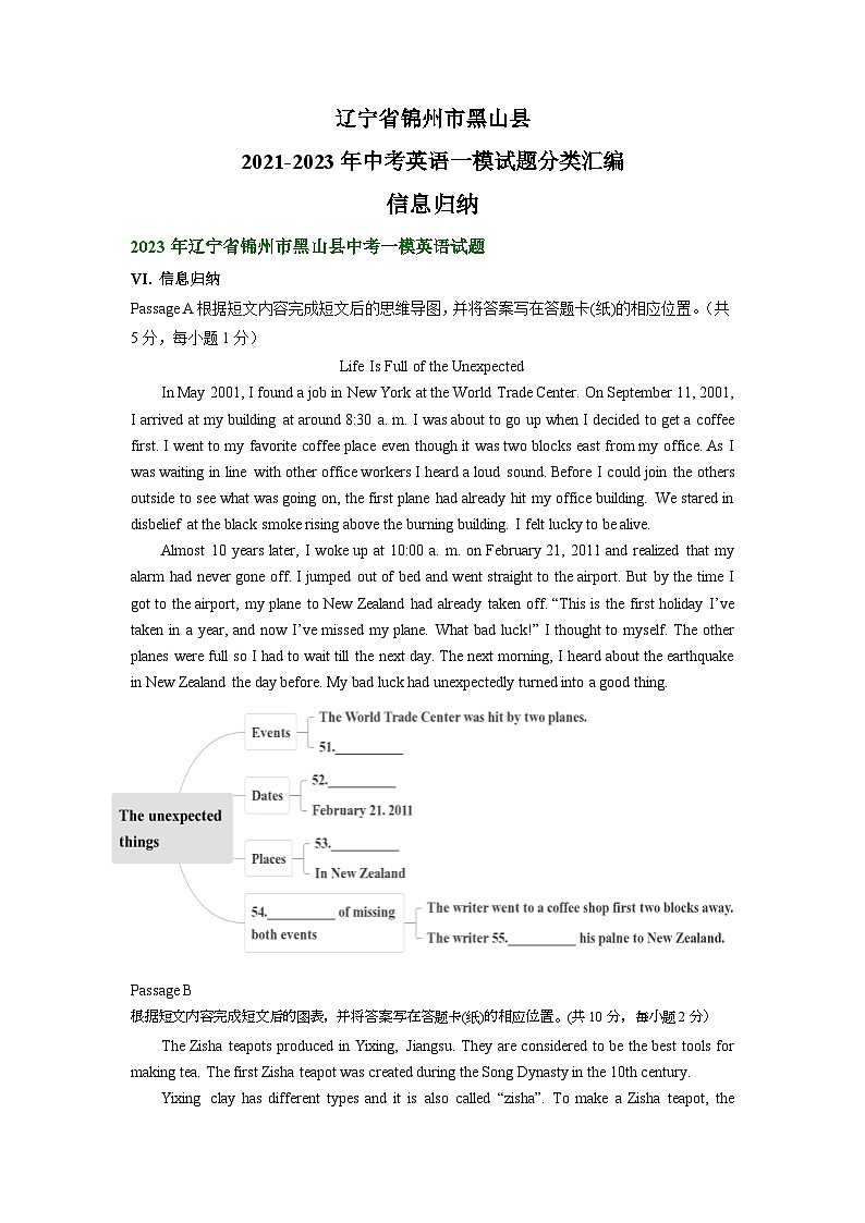 辽宁省锦州市黑山县2021-2023年中考英语一模试题分类汇编：信息归纳01