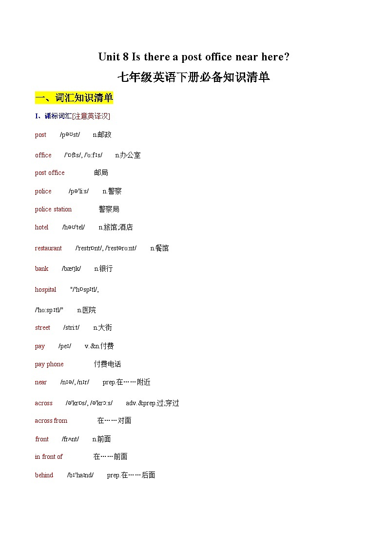 Unit 8 Is there a post office near here——【期末复习】七年级英语下册章节知识点梳理（人教版）01