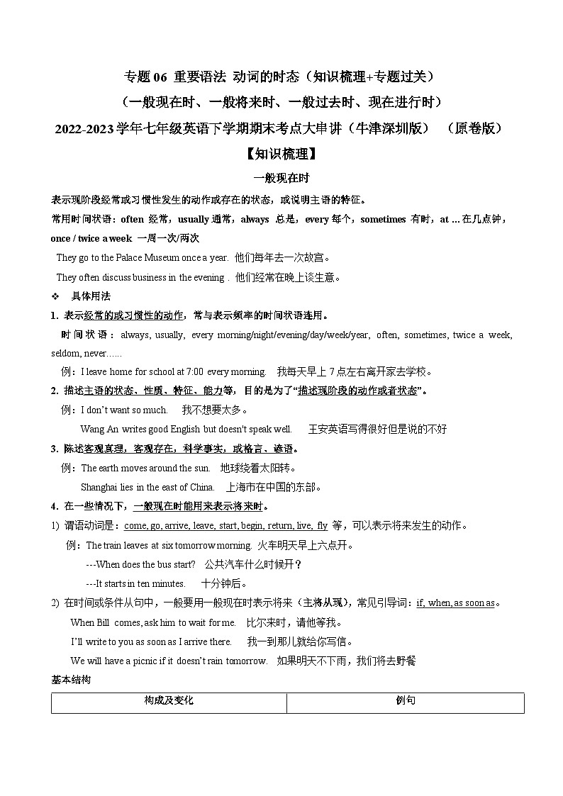 【期末专题复习】（牛津版）2022-2023学年七年级英语下学期：专题06 重要语法动词的时态（一般现在时、一般将来时、一般过去时、现在进行时）  （原卷版）第1页