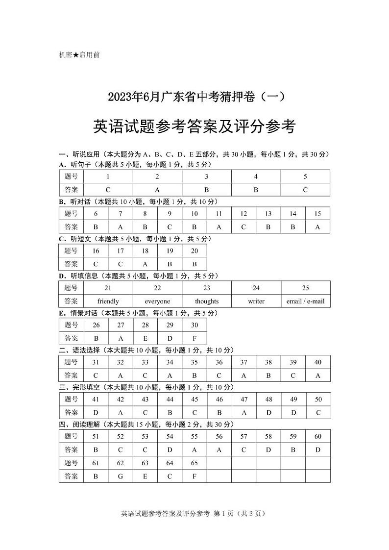 2023年6月广东省中考猜押卷（一）-英语答案第1页