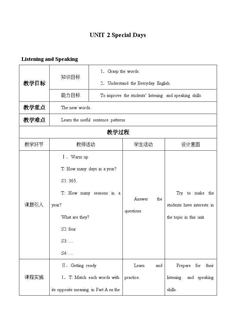 教科版（五四学制）英语七年级上册 UNIT 2 Special Days   教案第1页
