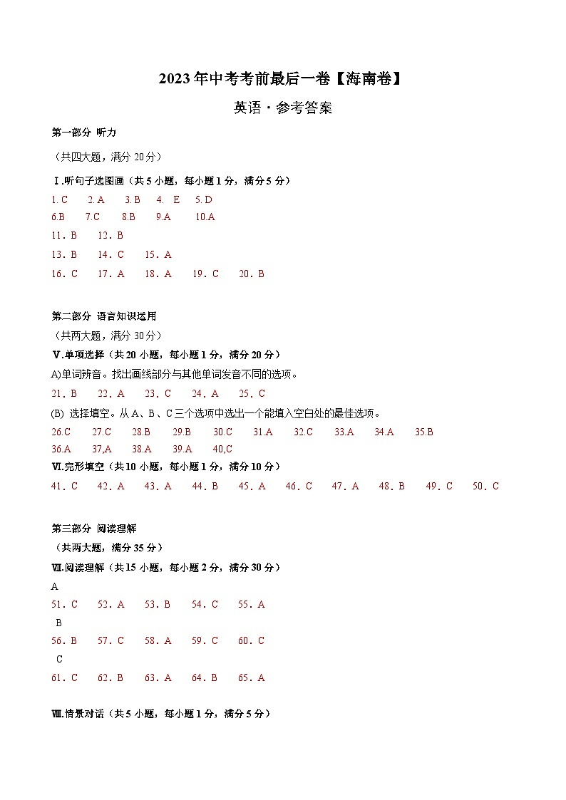 英语（海南卷）-【试题猜想】2023年中考考前最后一卷(考试版+答题卡+全解全析+参考答案+听力)01