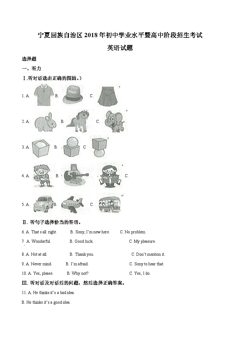 2018年宁夏中考英语试卷（原卷版）01
