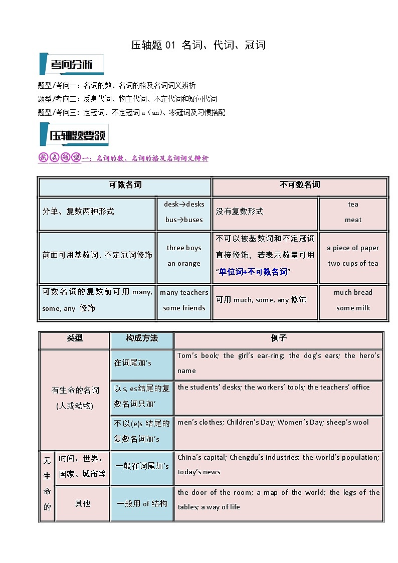2023年中考英语 压轴题01 名词、代词、冠词（习题）第1页