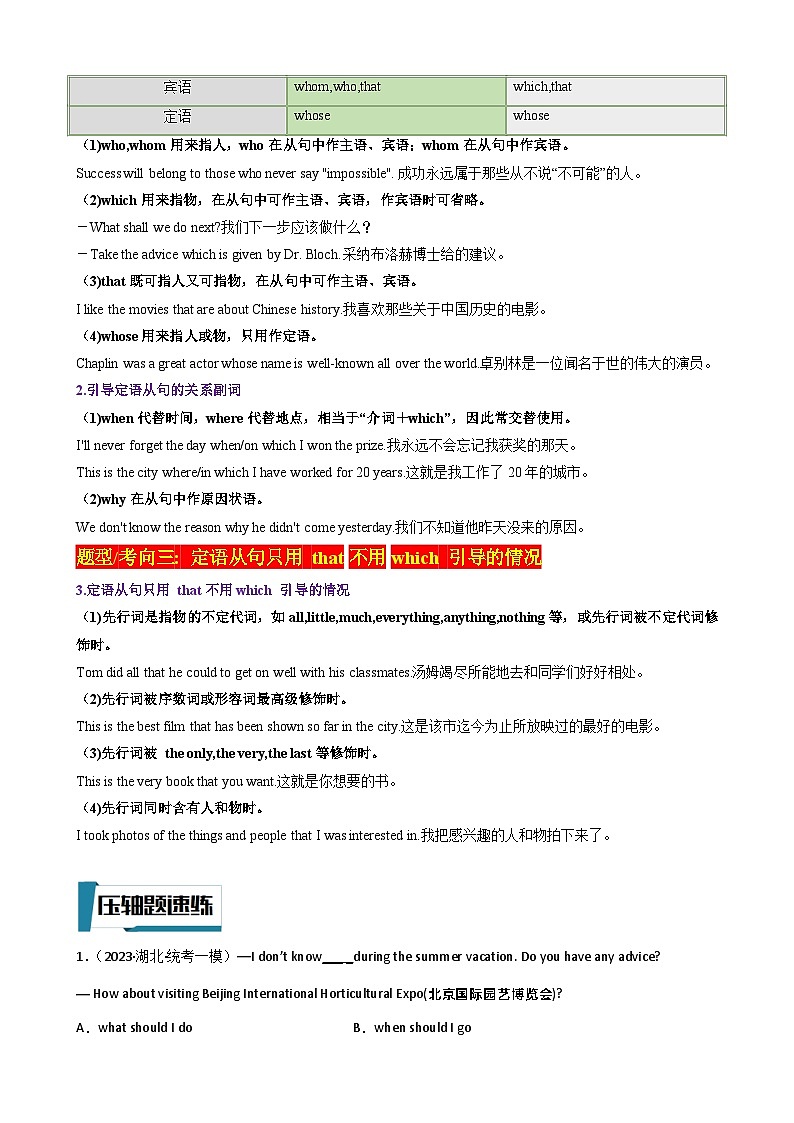 2023年中考英语 压轴题10 宾语从句和定语从句（答案）第2页