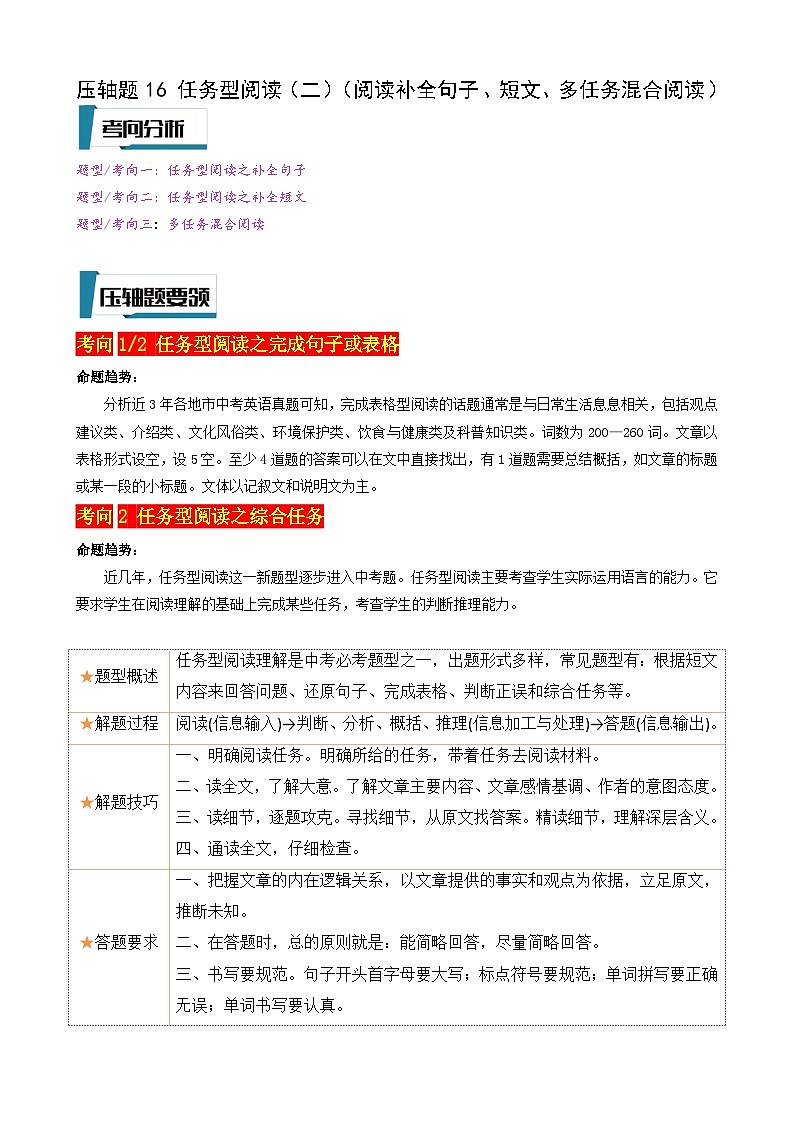 2023年中考英语 压轴题16 任务型阅读（二）（阅读补全句子、短文、多任务混合阅读）（习题）第1页
