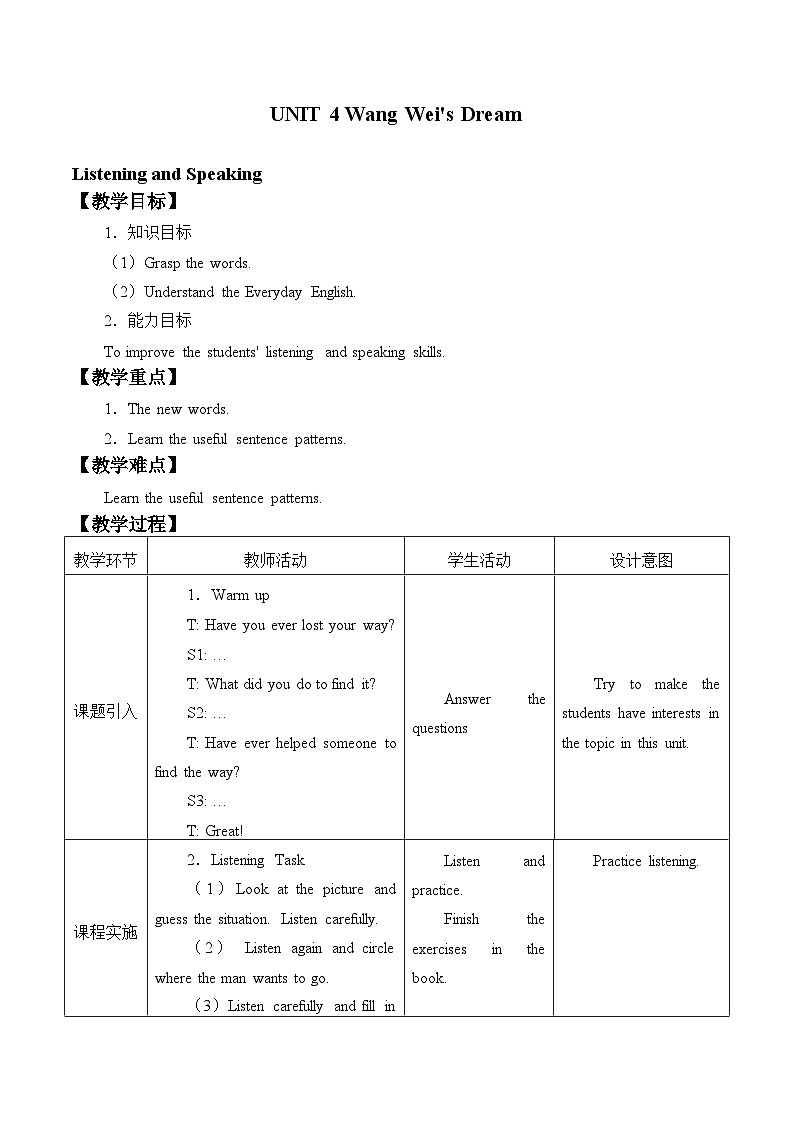 教科版（五四制）英语九年级下册 UNIT 4 Wang Wei's Dream      教案01