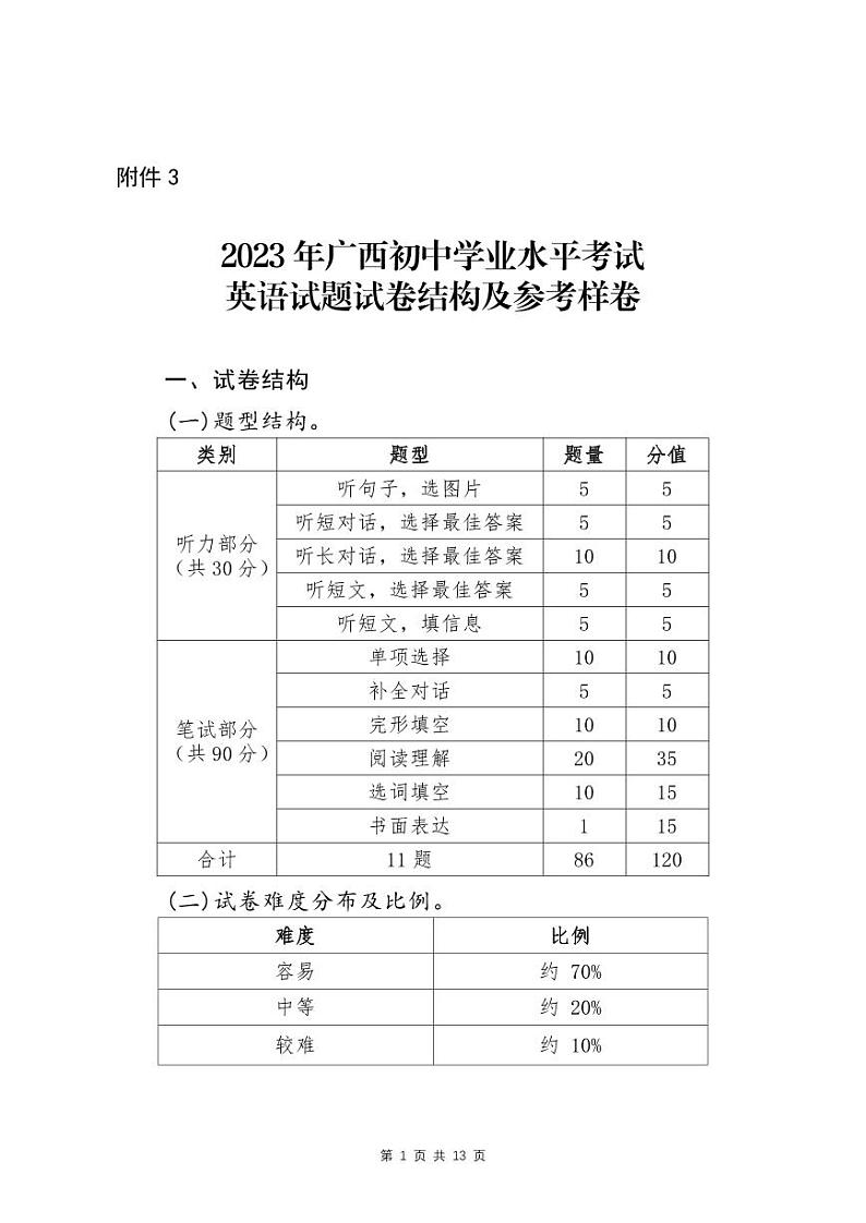 3.2023年广西初中学业水平考试英语试题试卷结构及参考样卷第1页