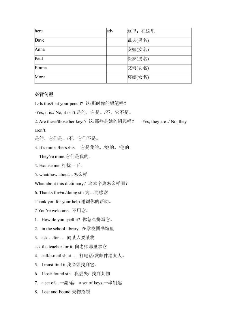 人教版英语七年级上册Unit3期中复习讲义第2页