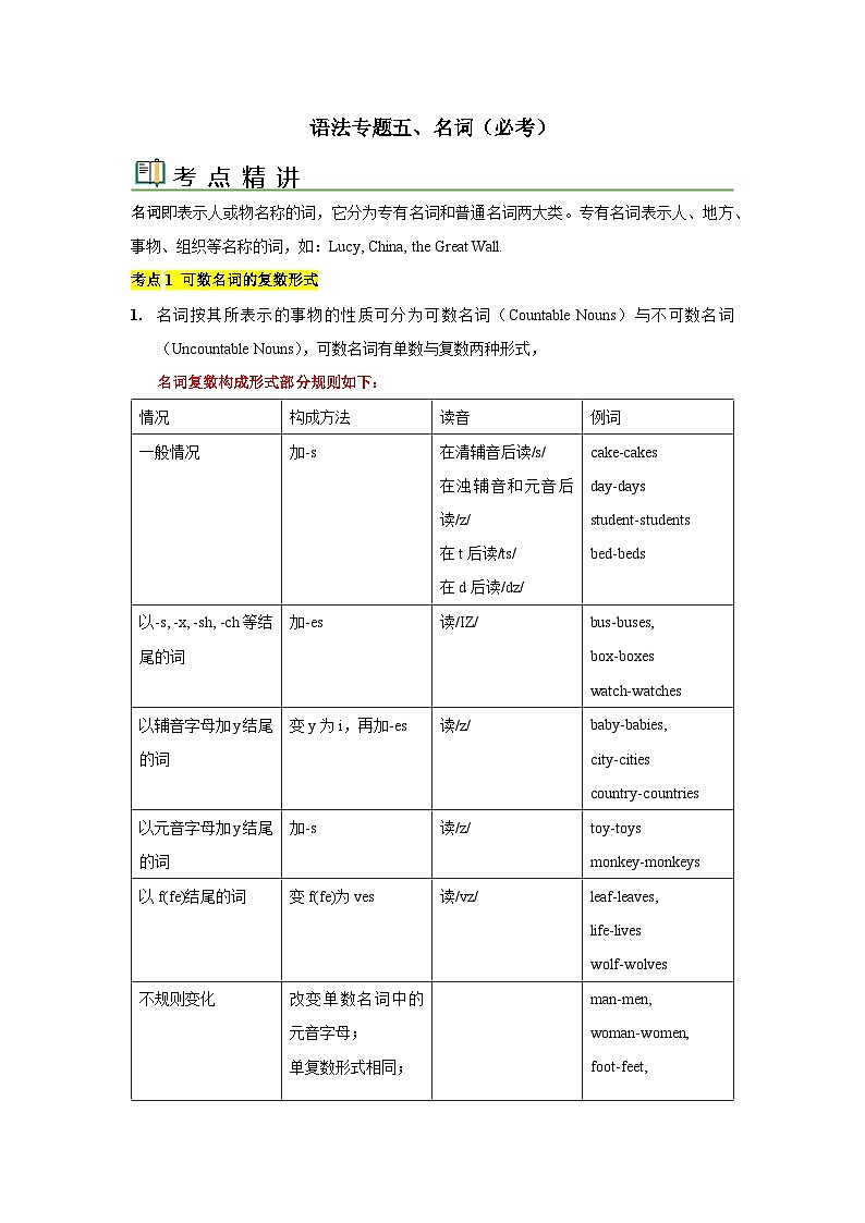语法专题五 名词-中考语法一点通（学生版）第1页