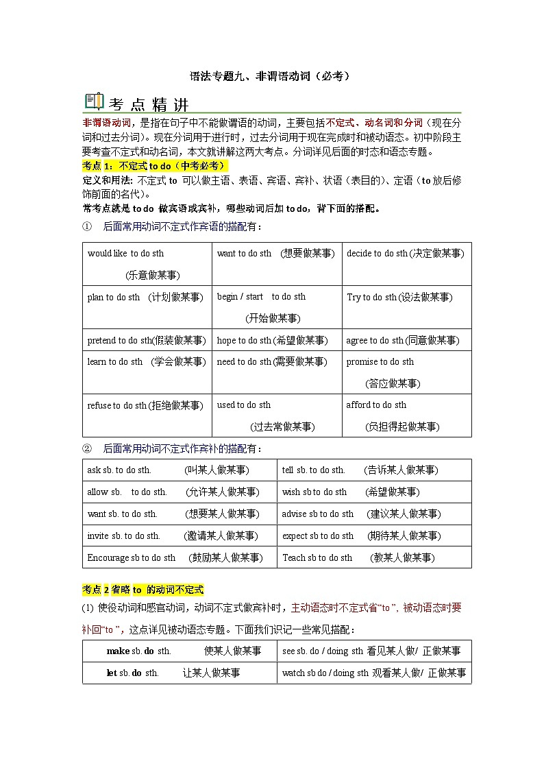 语法专题九 非谓语动词-中考语法一点通（教师版）第1页