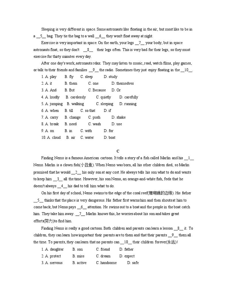 期末复习+完形填空练习2022-2023学年外研版英语八年级下册02