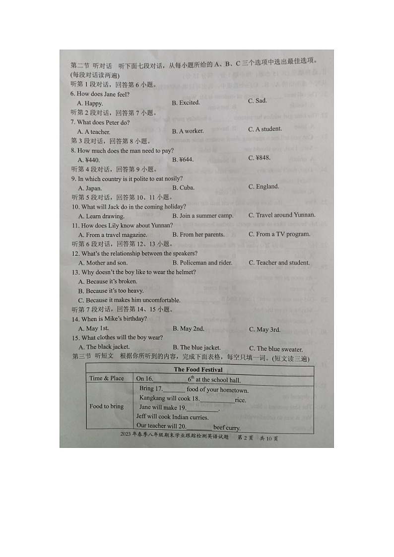 福建省泉州市晋江市2022-2023学年八年级下学期期末学业跟踪检测英语试题02