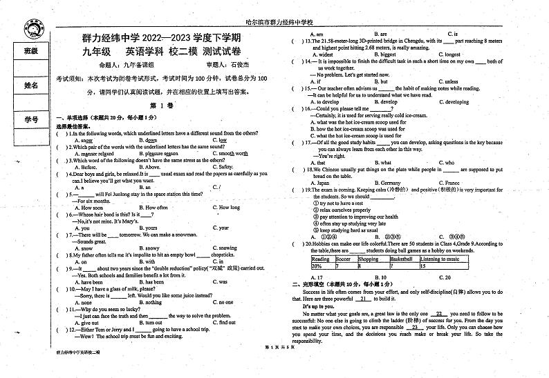 黑龙江省哈尔滨市道里区群力经纬中学校2022-2023学年下学期九年级5月英语二模试卷第1页