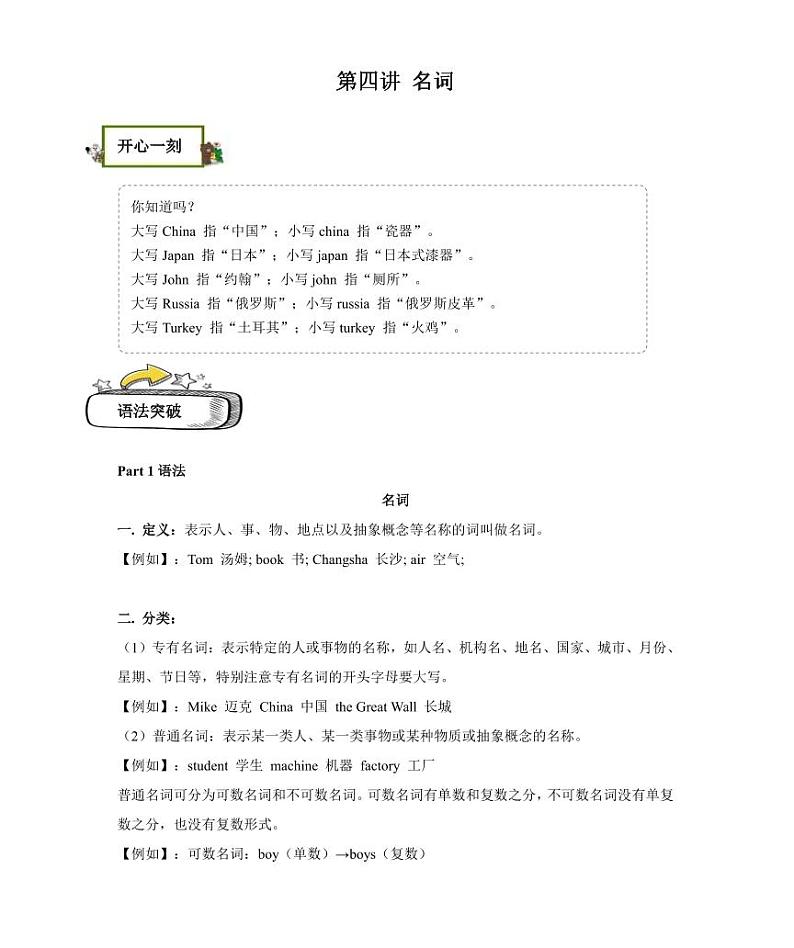 【精品同步练习】英语七年级新初一英语-4第四讲 名词（无答案）第1页