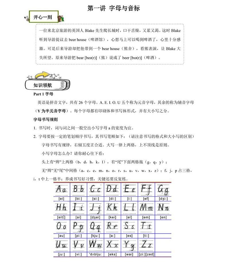 【精品同步练习】英语七年级新初一英语-1第一讲 字母与音标（无答案）第1页