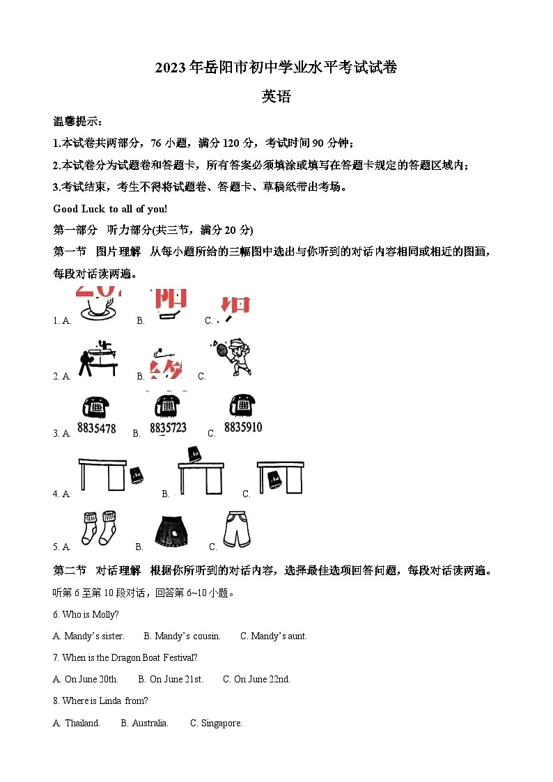 2023年湖南省岳阳市中考英语真题（解析版）01