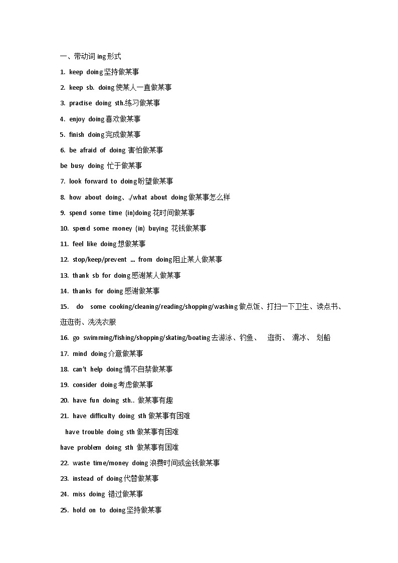 初中英语全部英语动词+doing和+to do 句型汇总第1页