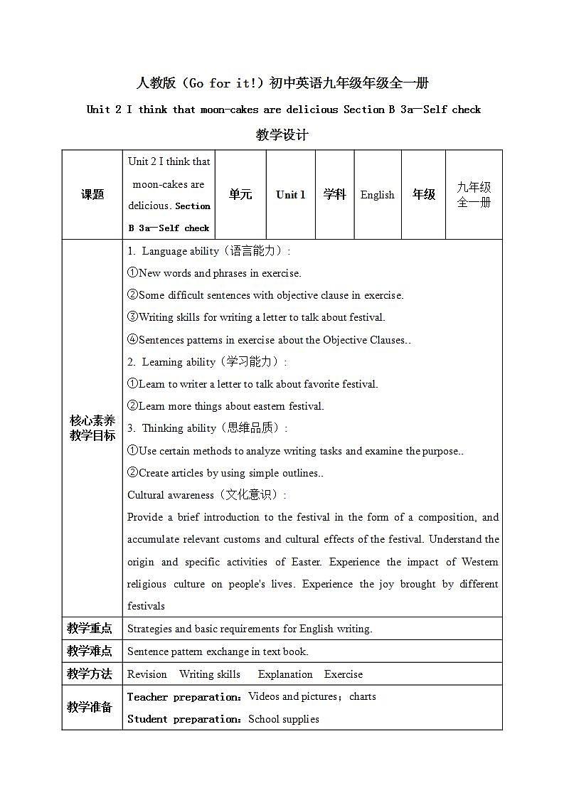 【核心素养目标】人教版初中英语九年级全册 Unit 2 I think that mooncakes are delicious SectionB 3a-self check课件+教案+同步分层练习（含反思和答案）01