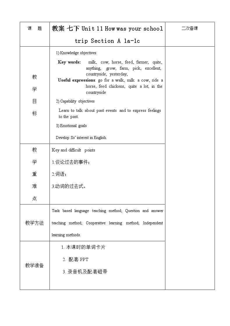 人教版七年级英语下册  Unit 11 How was your school trip Section A 1a-1c教案01
