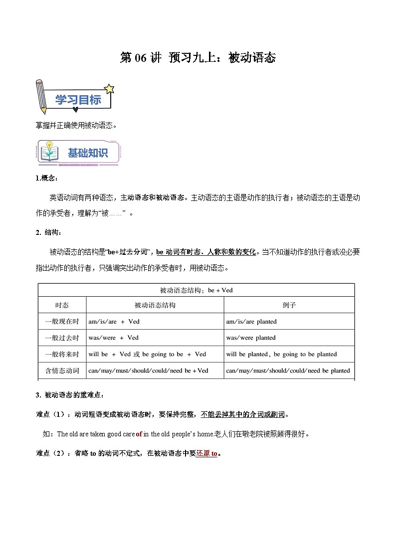 【暑假初三预备】外研版英语八年级（八升九）暑假第06讲-预习九上：被动语态  讲学案01