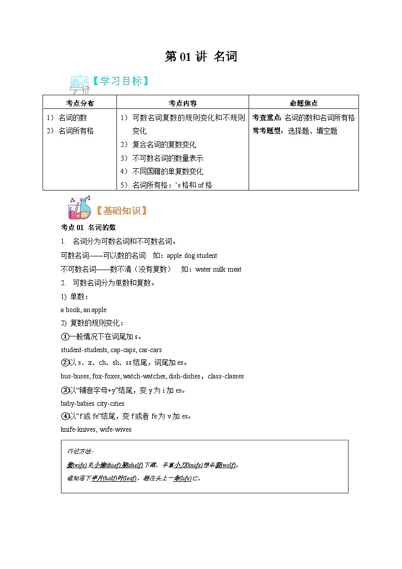 【暑假初中预备】人教版英语六年级（六升七）暑假-第01讲 名词 讲学案（练习版）第1页