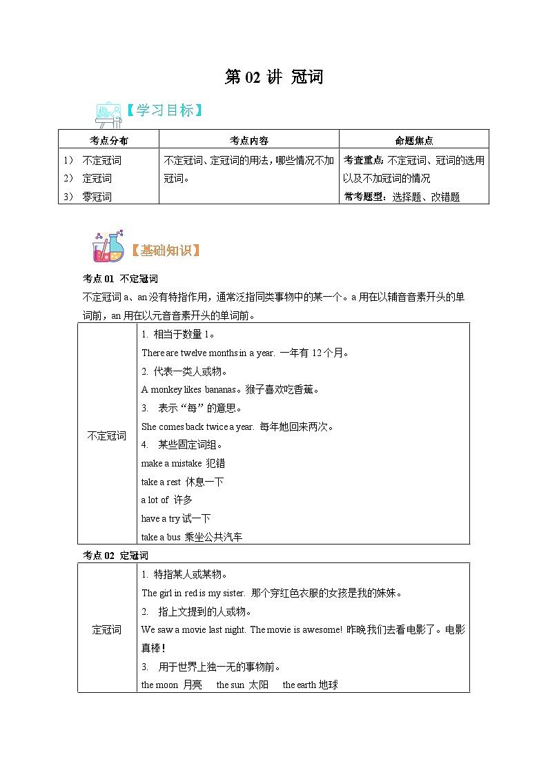 【暑假初中预备】人教版英语六年级（六升七）暑假-第02讲 冠词 讲学案（练习版）第1页