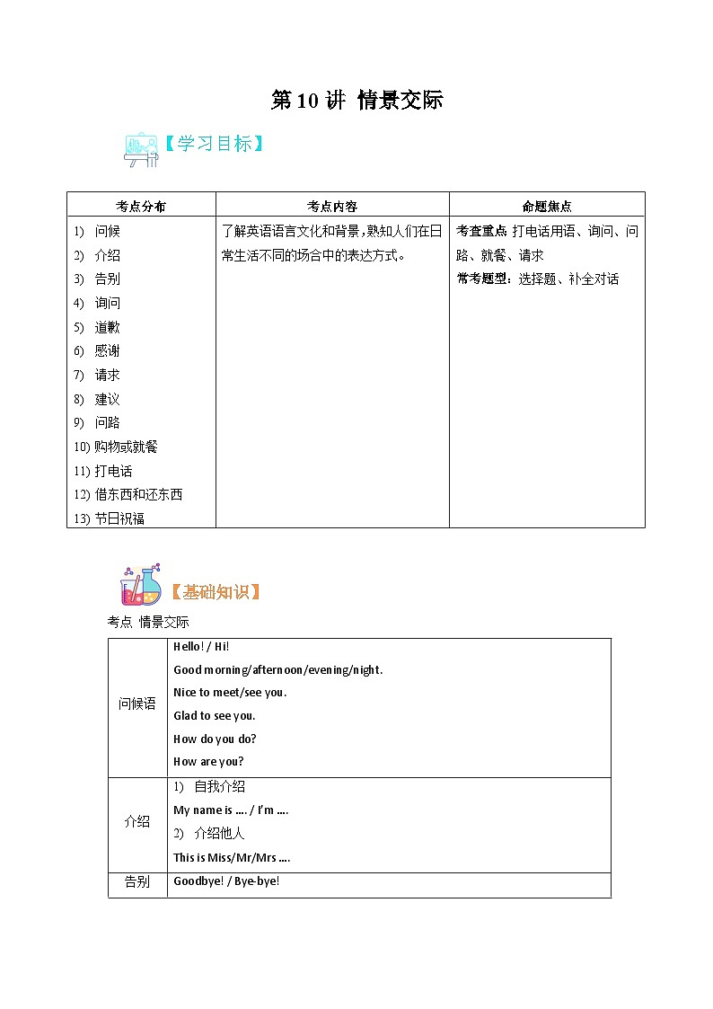 【暑假初中预备】人教版英语六年级（六升七）暑假-第10讲 情景交际 讲学案（练习版）第1页