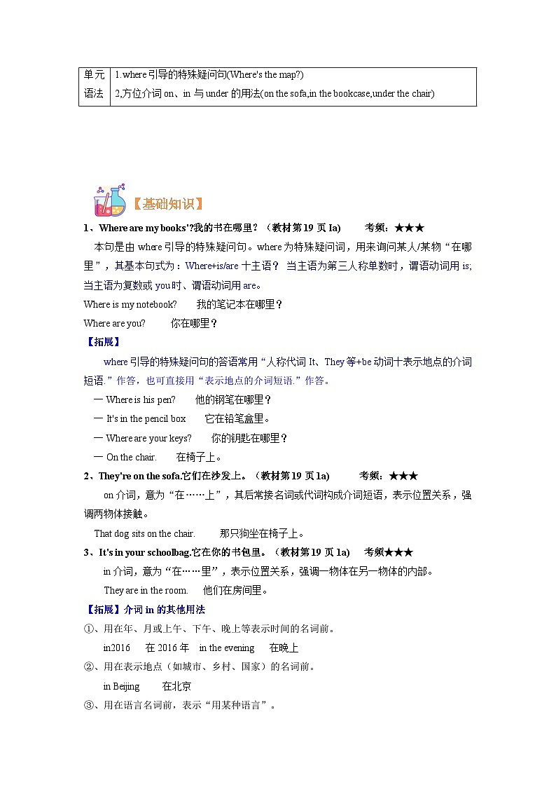 【暑假初中预备】人教版英语六年级（六升七）暑假-第17讲  Unit 4 Where is my schoolbag 讲学案（解析版）第2页