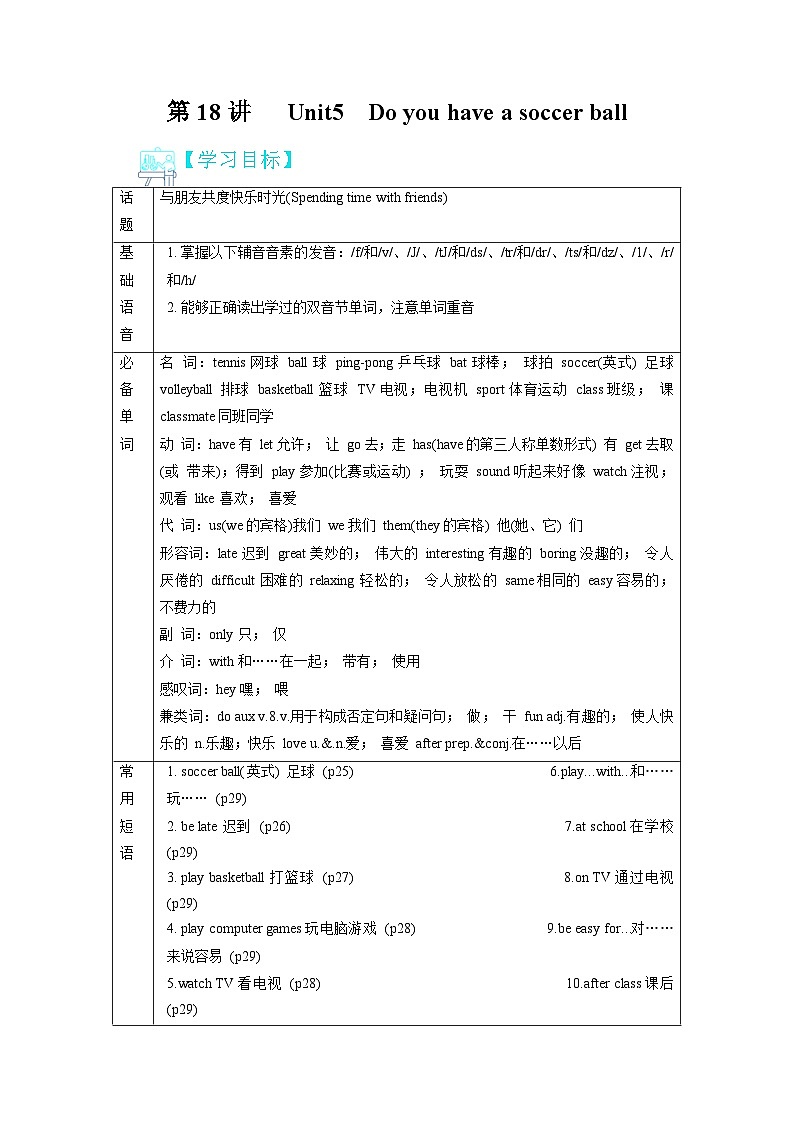 【暑假初中预备】人教版英语六年级（六升七）暑假-第18讲  Unit5 Do you have a soccer ball 讲学案（练习版）第1页