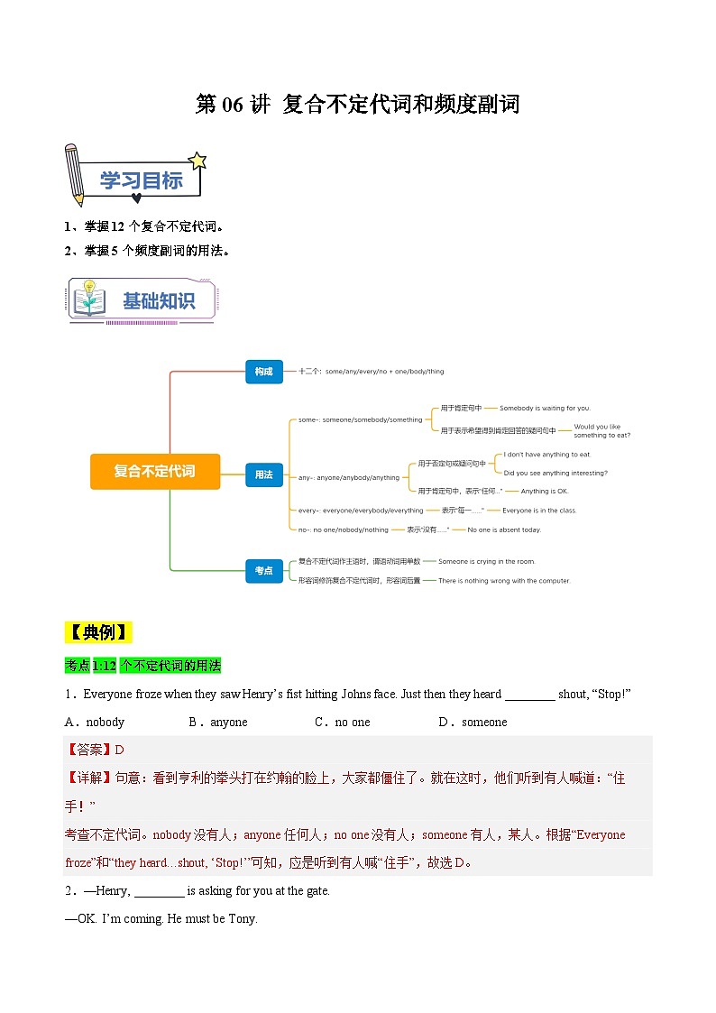 【暑假提升】人教版英语七年级（七升八）暑假 第06讲：复合不定代词和频度副词 讲学案01