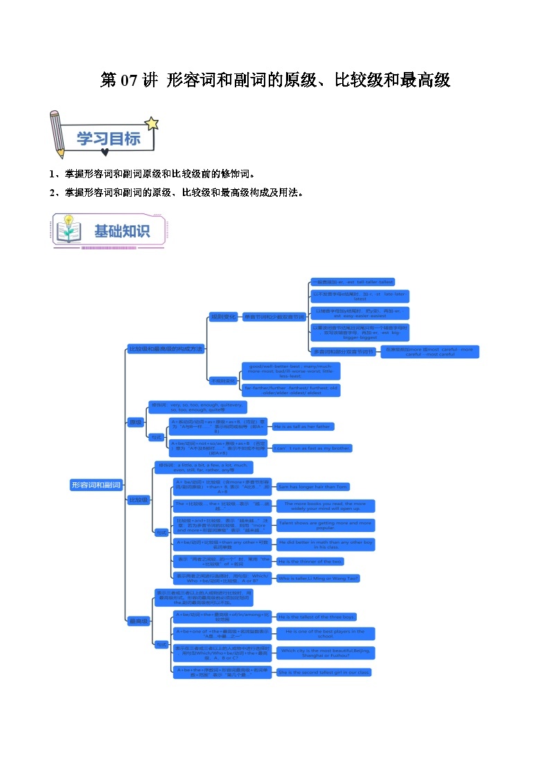 【暑假提升】人教版英语七年级（七升八）暑假 第07讲：形容词和副词的原级、比较级和最高级 讲学案01