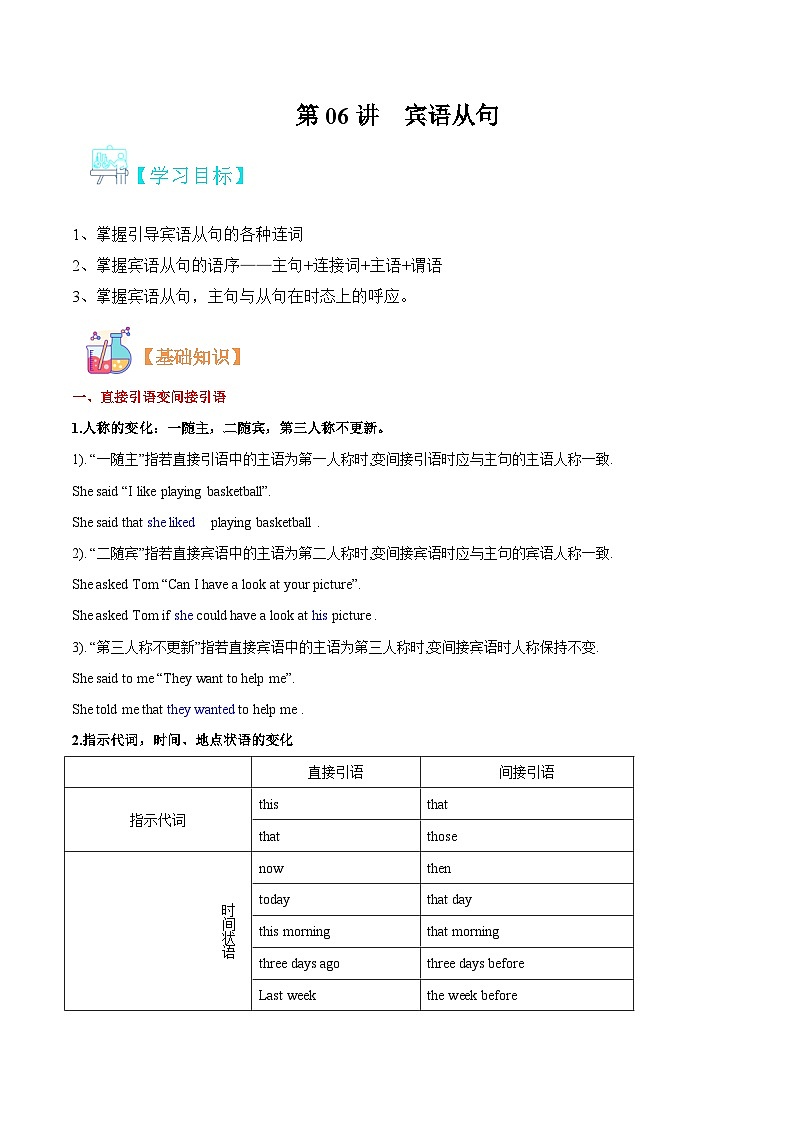 【暑假提升】人教版英语八年级（八升九）暑假-第06讲  宾语从句 讲学案01