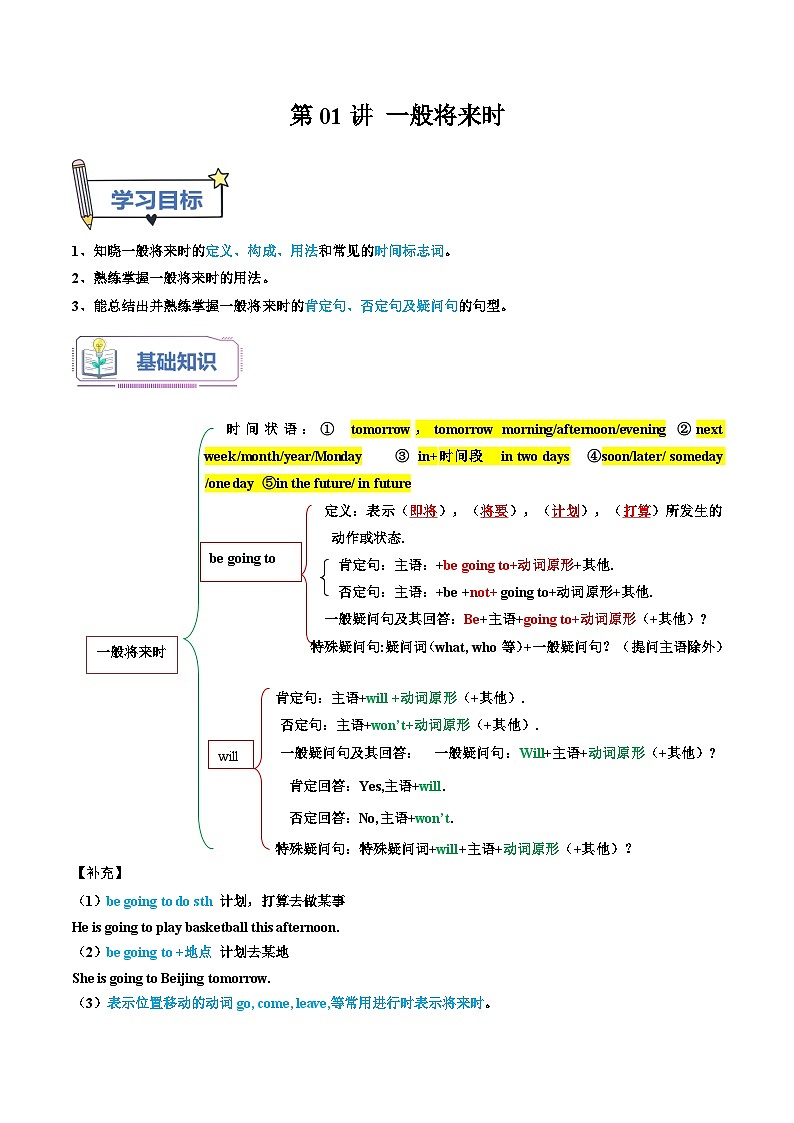 【暑假提升】外研版英语七年级（七升八）暑假-第01讲 一般将来时 讲学案01