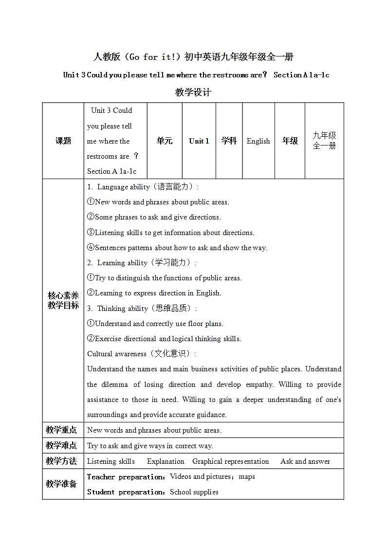 【核心素养目标】人教版初中英语九年级全册 Unit 3 Could you please tell me where the restrooms are SectionA 1a-1c.教案第1页