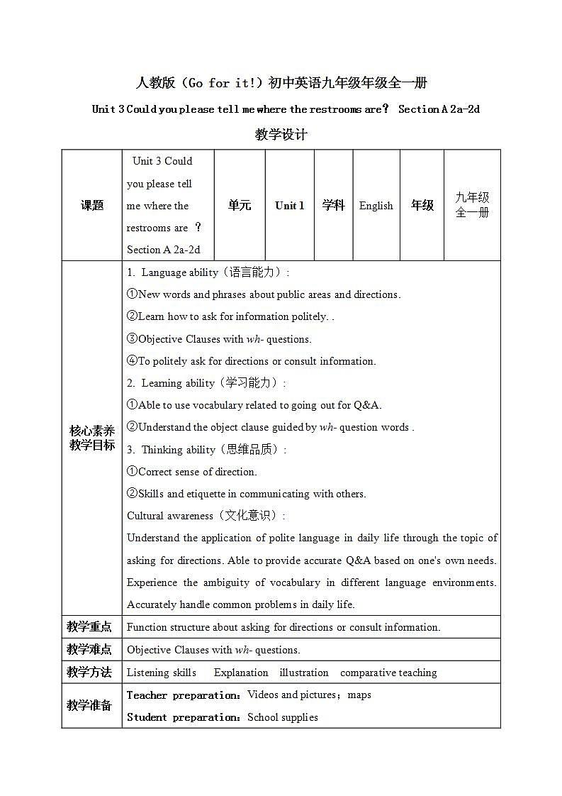 【核心素养目标】人教版初中英语九年级全册 Unit 3 Could you please tell me where the restrooms are SectionA 2a-2d.教案第1页