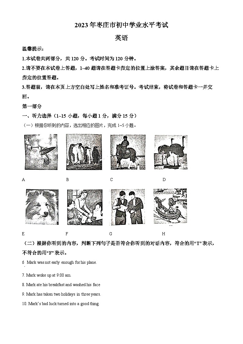 2023年山东省枣庄市中考英语真题01