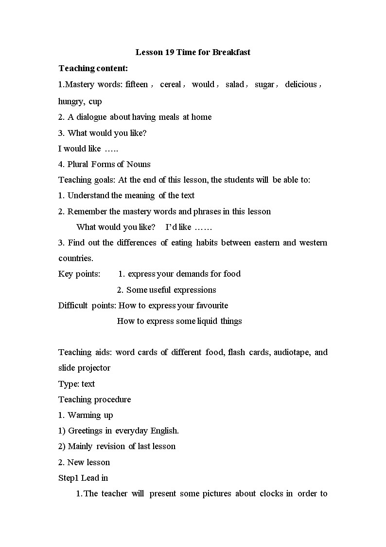 Unit 4 Food and Restaurants Lesson 19 Time for Breakfast-2022-2023学年初中英语冀教版七年级上册同步教案01