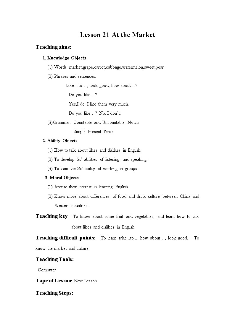 Unit 4 Food and Restaurants Lesson 21  At the Market -2022-2023学年初中英语冀教版七年级上册同步教案01
